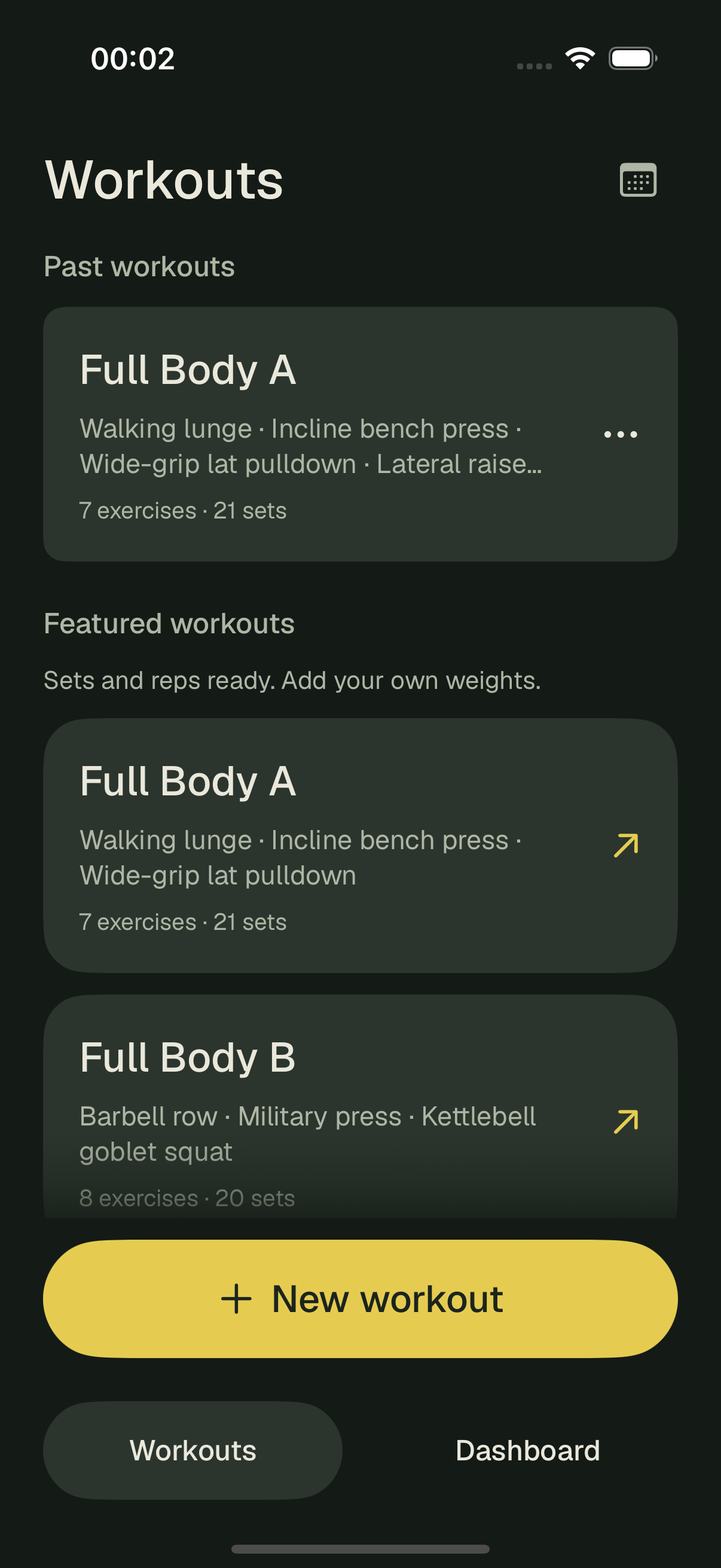 Swolish workout library, showing a past workout and Full Body A and B starter workouts.